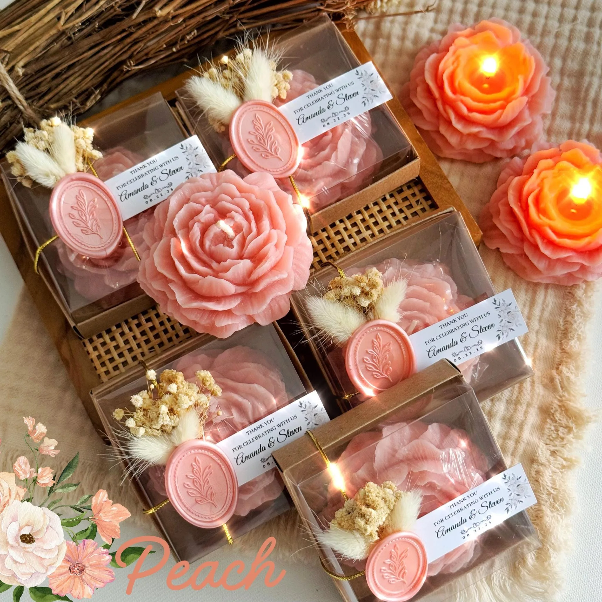 Personalized Peony Candle Wedding Favors: Custom Scented Soy Candles, Bridal Shower