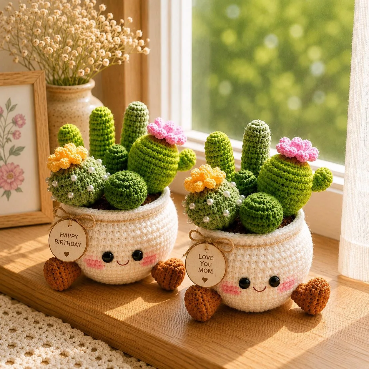 Handmade Crochet Cactus , Handmade Plant,  Cute desktop home decor items, Succulent flower tray Unique Birthday Gift for Her