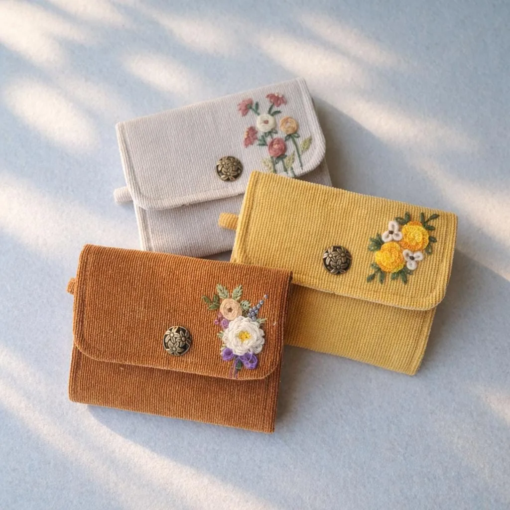 Embroidered Corduroy Wallet: Personalized Floral Card Holder