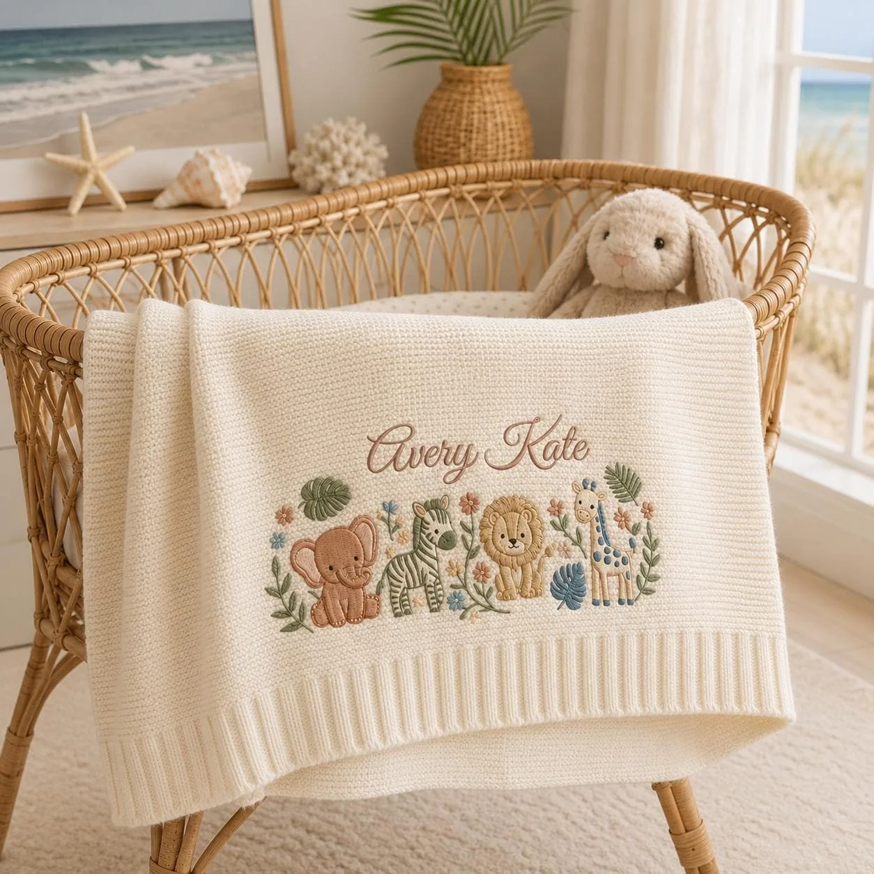 Personalized Embroidered Woodland Baby Blanket, Custom Safari Animal Name Knit Blanket, Jungle Baby Shower Gift, Nursery Keepsake Gift