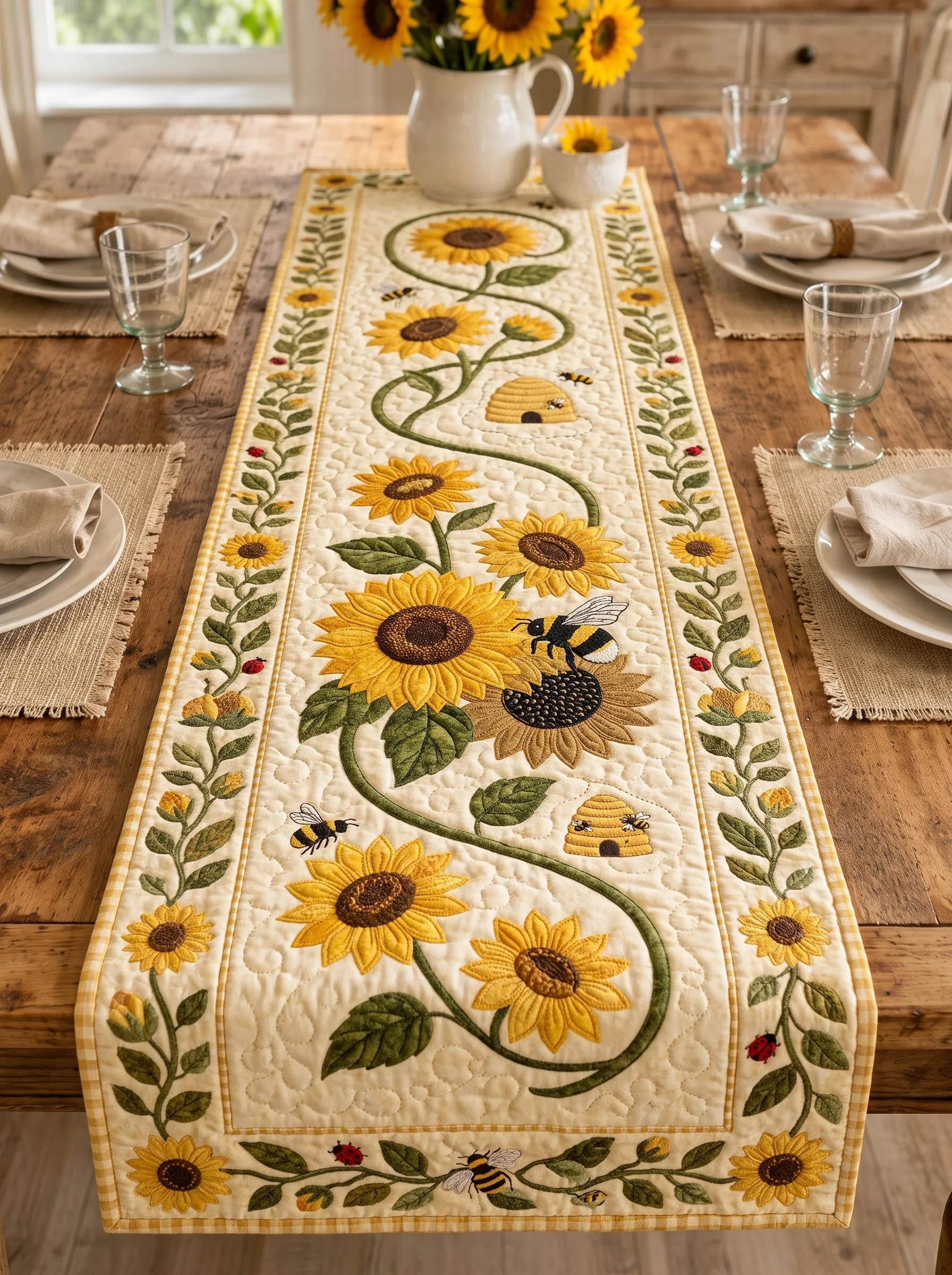 Sunflower Table Runner, Honeybee Kitchen Decor, Yellow Gingham Table Topper, Farmhouse Summer Centerpiece, Bee Lover Gift, Autumn Harvest