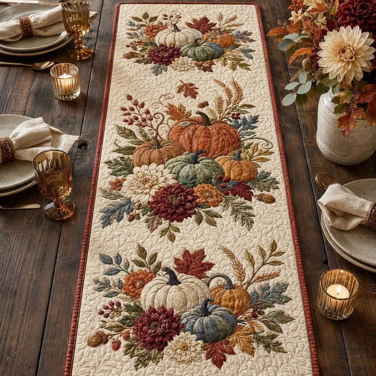 Quilted-Style Table Runner, Autumn Floral Pumpkins, Rustic Farmhouse Thanksgiving Decor