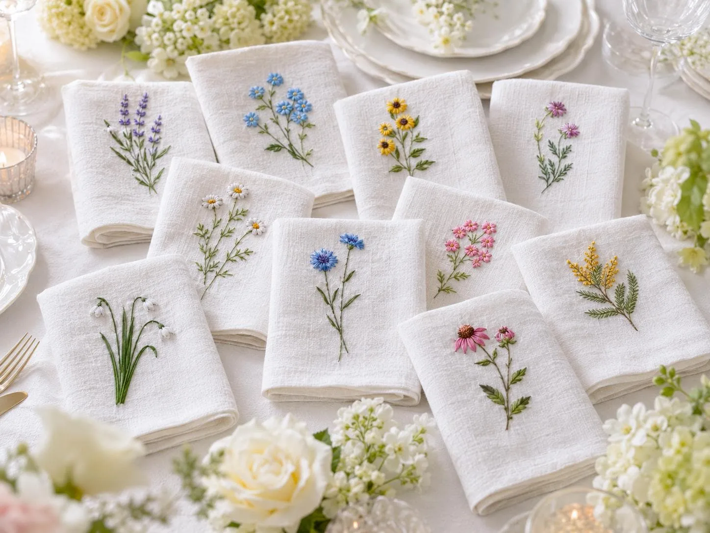 Set of 10 Embroidered Linen Napkins, Wildflower Dinner Napkins, Handmade Floral Table Decor, Cottagecore Wedding Gift for Bride Handmade