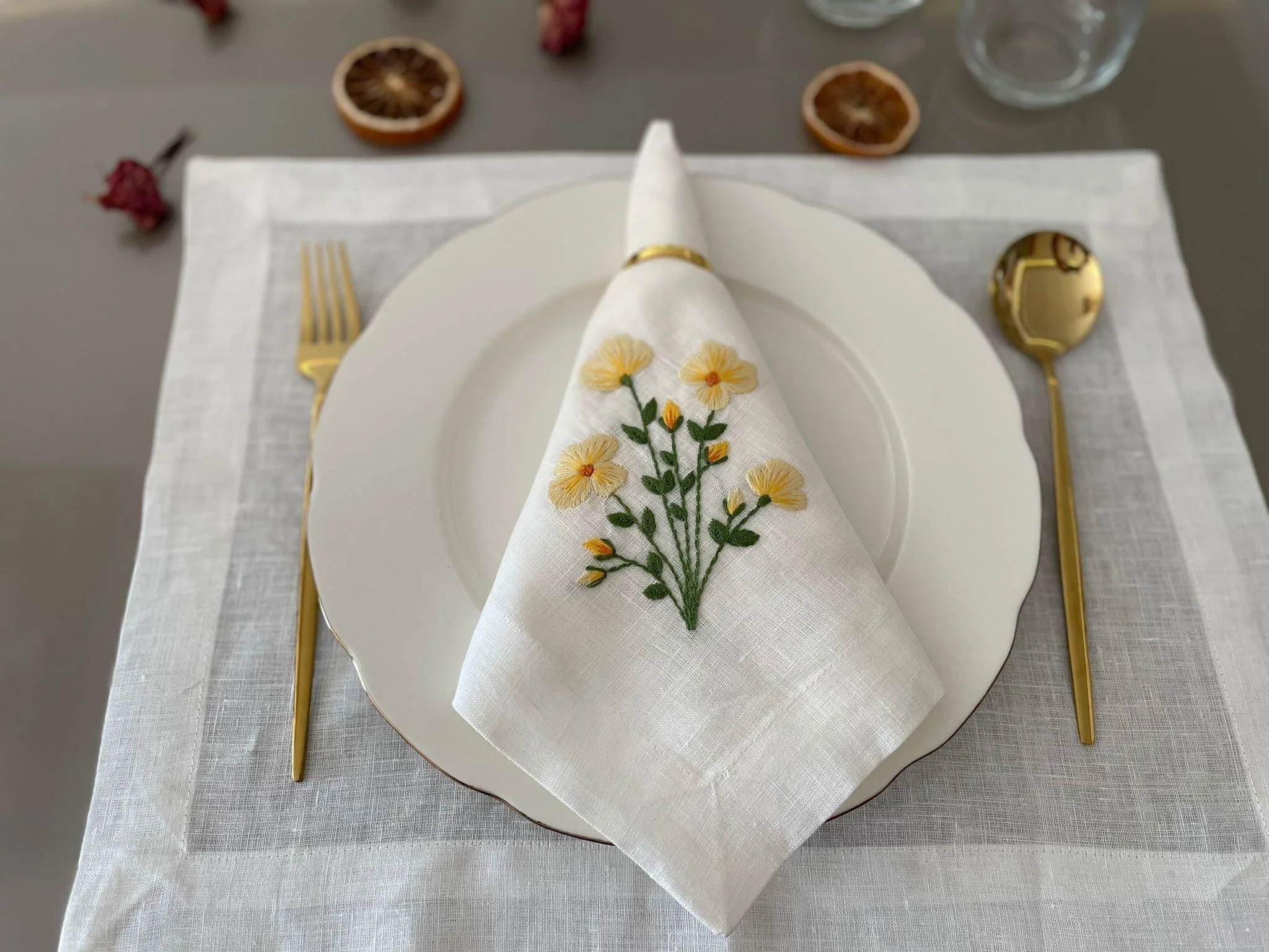 Handmade Yellow Floral Embroidered Linen Napkins: Set of 6 Spring Table Decor