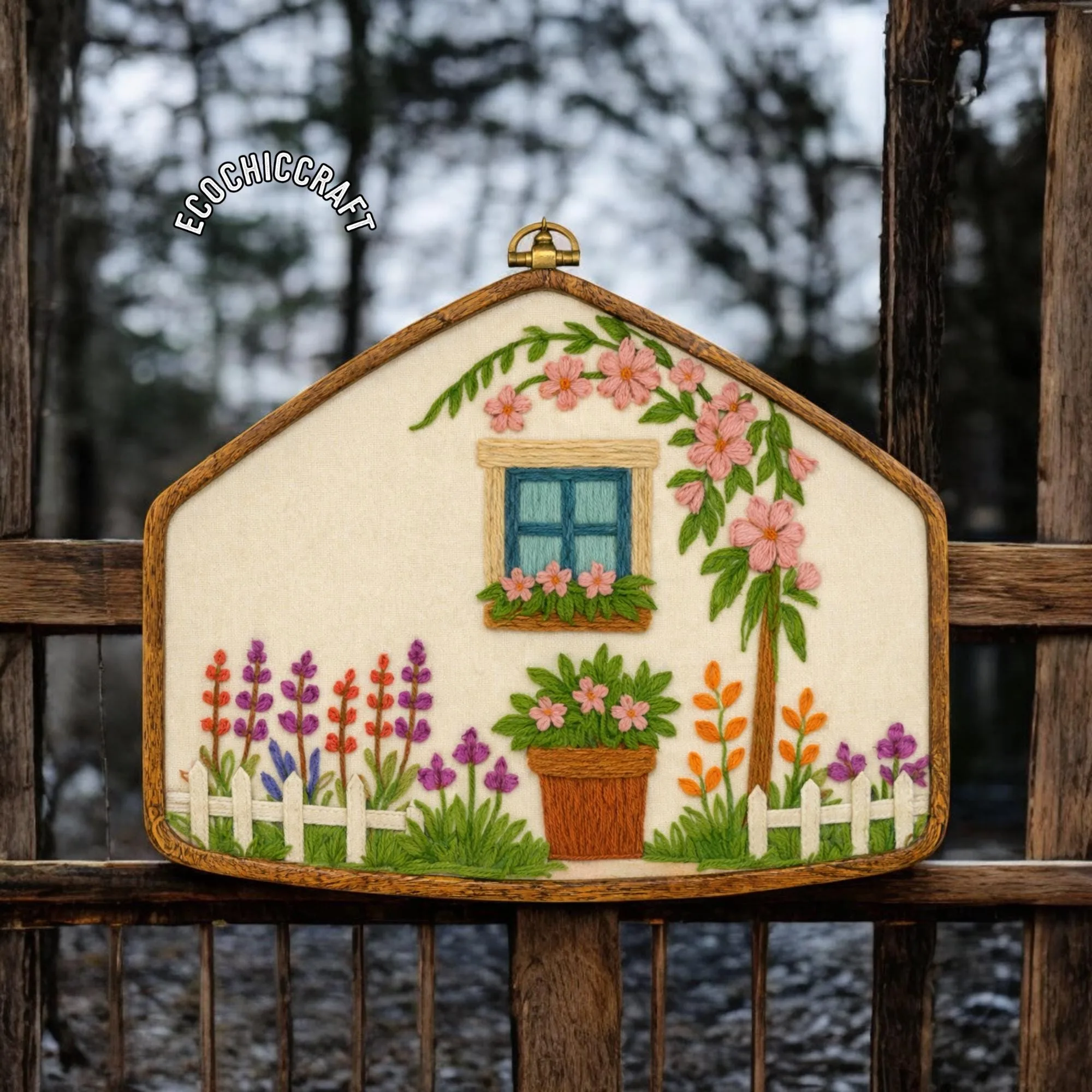 Door Hanging Embroidered House Hoop, Family Home Embroidery, House Shaped Wooden Hoop Linen Wall Art, Handmade Home Decor, Housewarming Gift