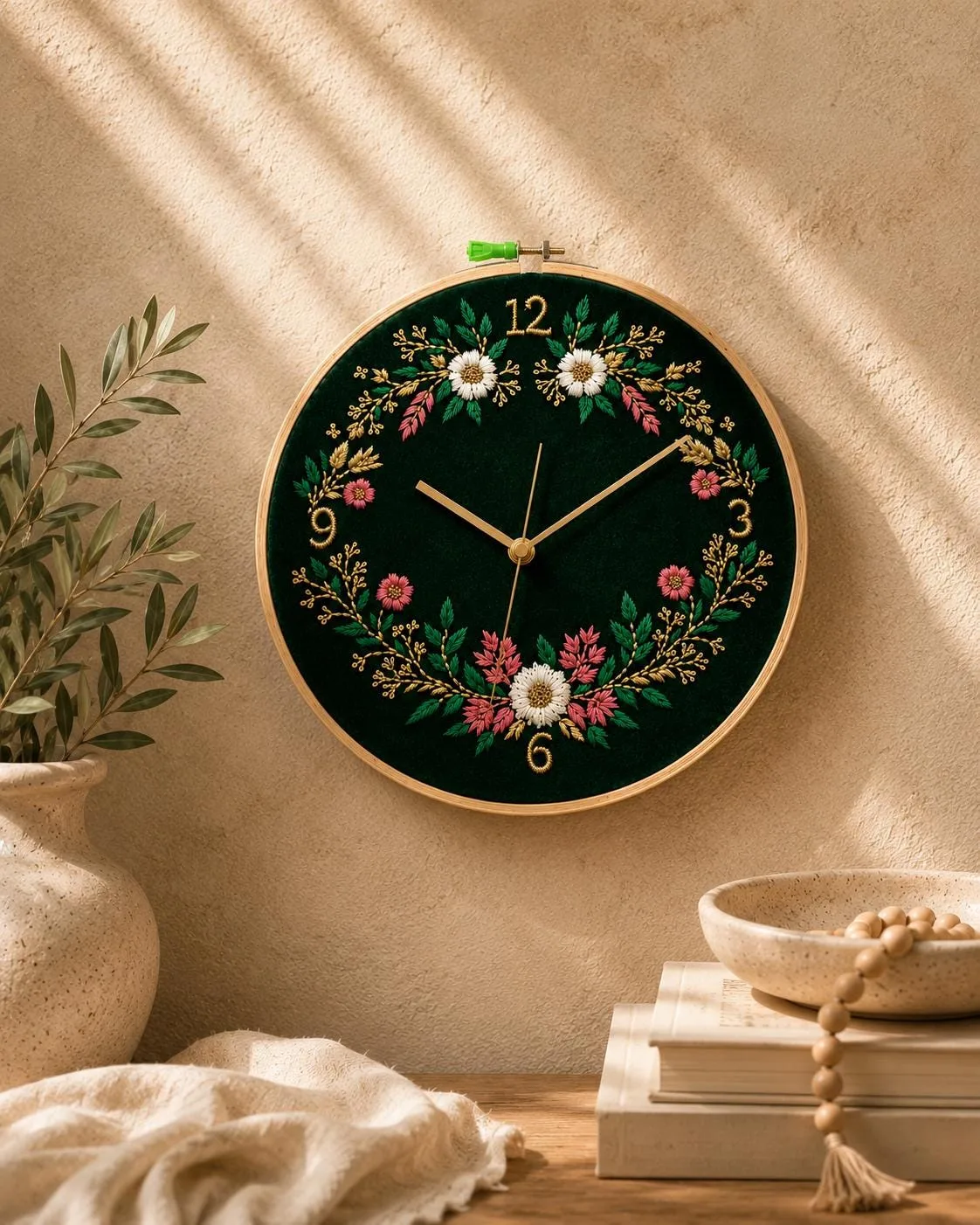 Hand Embroidered Velvet Floral Wall Clock, 12 Inch Handmade Home Decor