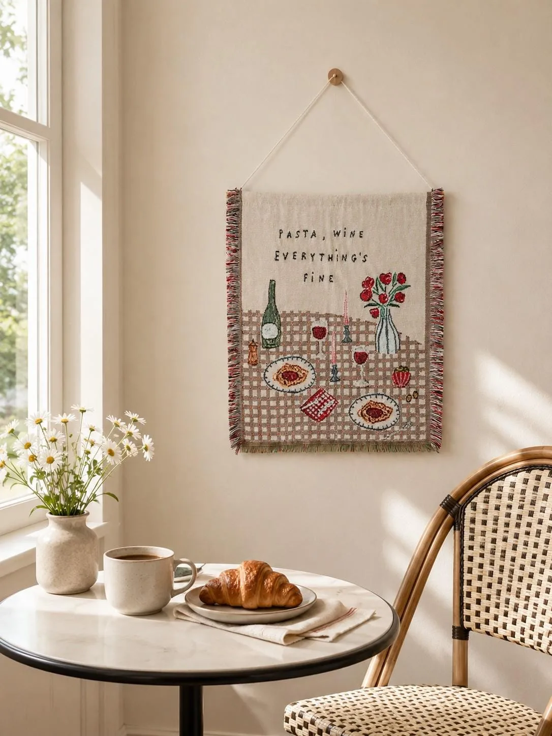 Italian Kitchen Wall Hanging Woven Tapestry Pasta Wine Decor Small Textile Wall Art Cozy Dining Room Decor Handmade Style Gift Idea