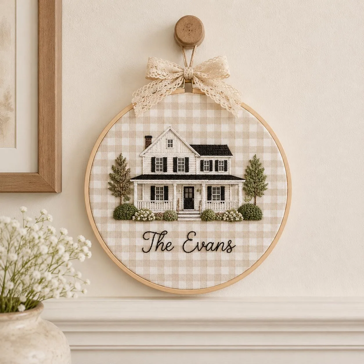 Personalized Family Home Embroidery Hoop, Custom House Portrait Wall Art, Cottage Floral Decor, Housewarming Gift with Pink Bow