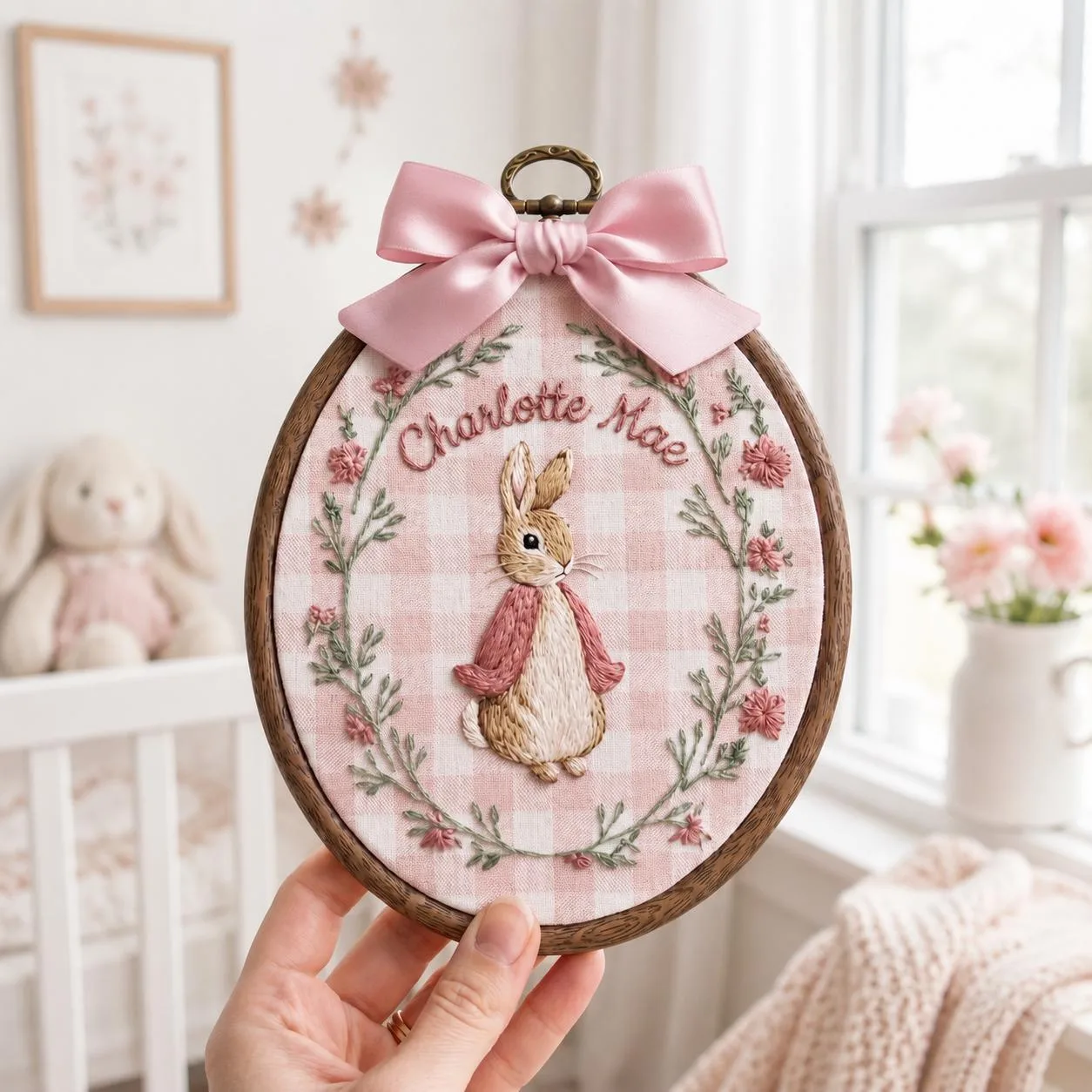 Personalized Baby name sign embroidered with bunny and florals, Custom Baby Nursery Wall Decor, Custom Baby Ornament, Baby Shower Gift