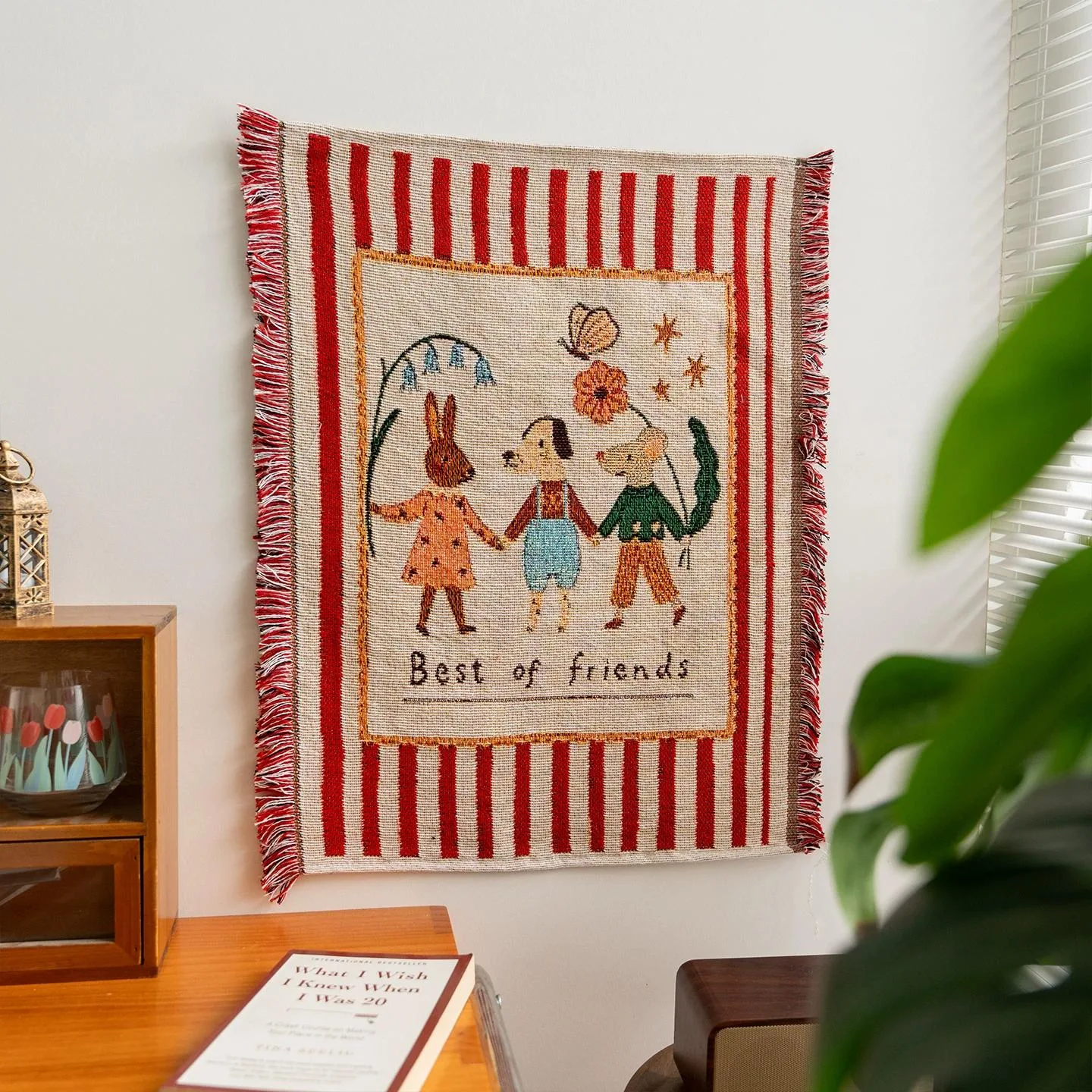 Woven Wall Tapestry, Fringed Fabric Wall Hanging, Vintage Animal Textile Art, Nursery and Bedroom Decor, Cottagecore Wall Decor