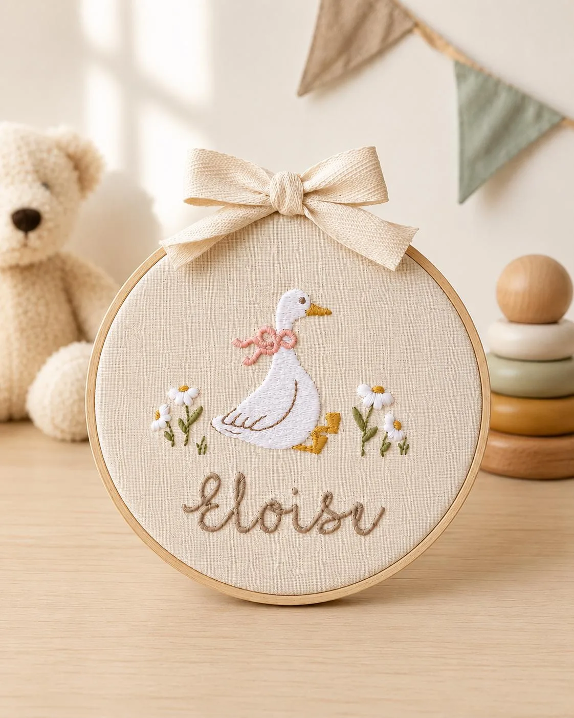 Baby name sign embroidered with storybook goose and florals, Nursery Wall Decor Custom Baby Ornament Baby Shower Gift, Gift for Newborn
