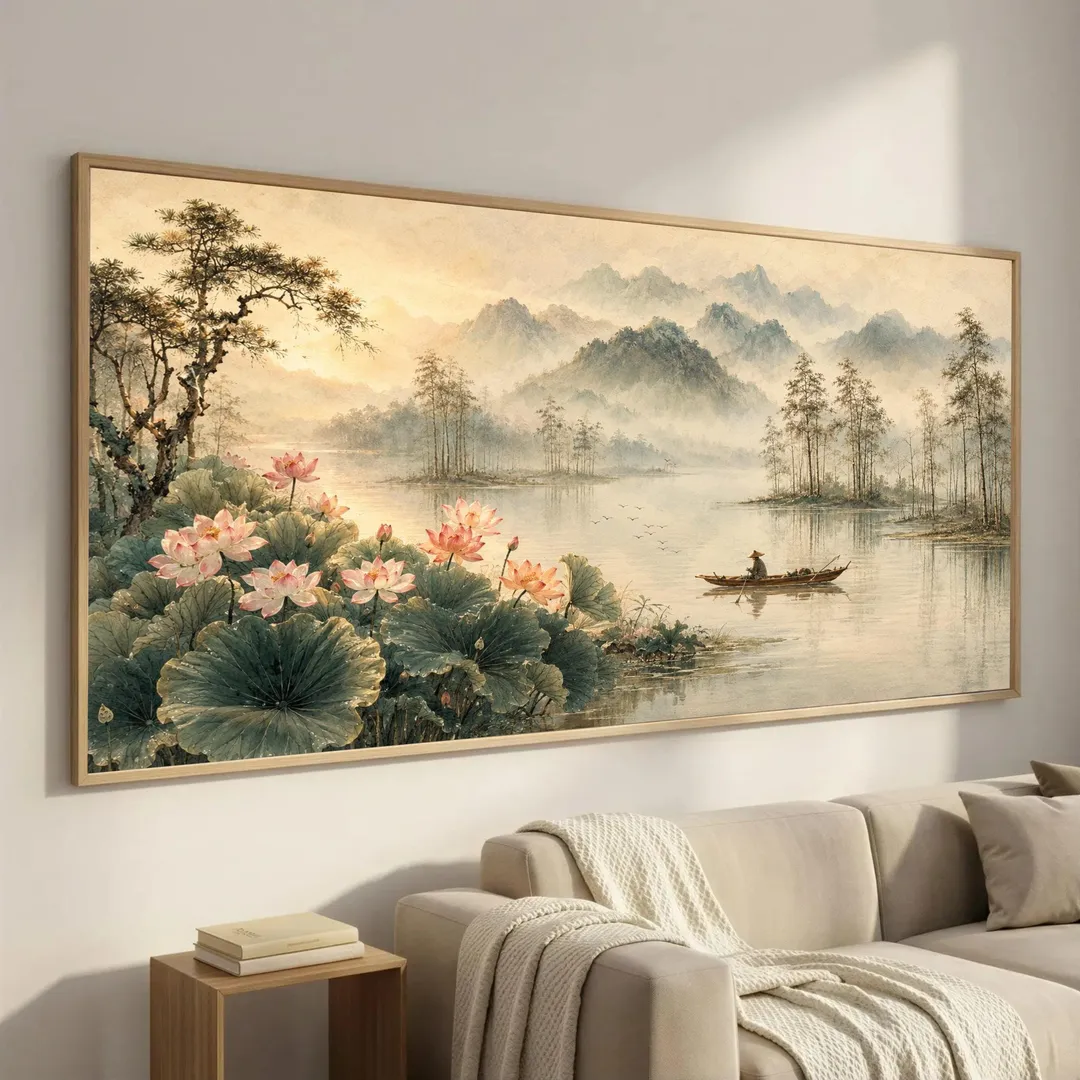 Lotus Pond Fisherman Nature Canvas Print