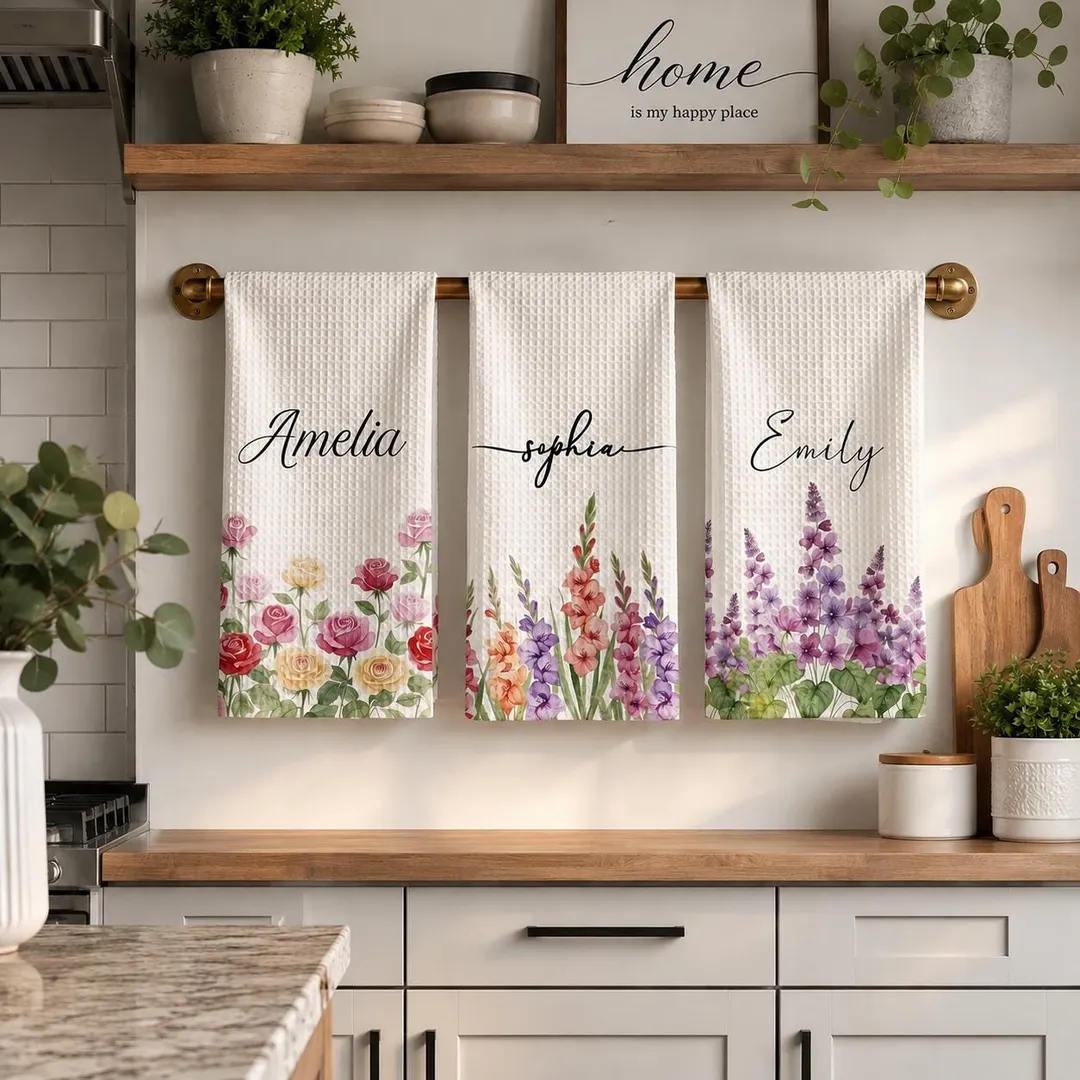 Personalized Birth Flower Kitchen Towel