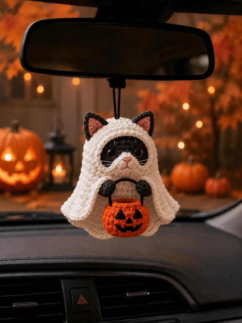 Crochet Ghost Cat Charm Keepsake